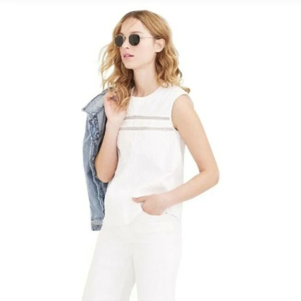 J Crew Pleated Cotton Shirt Sleeveless Top Pintuck Blouse Sz 00 White #157D‎